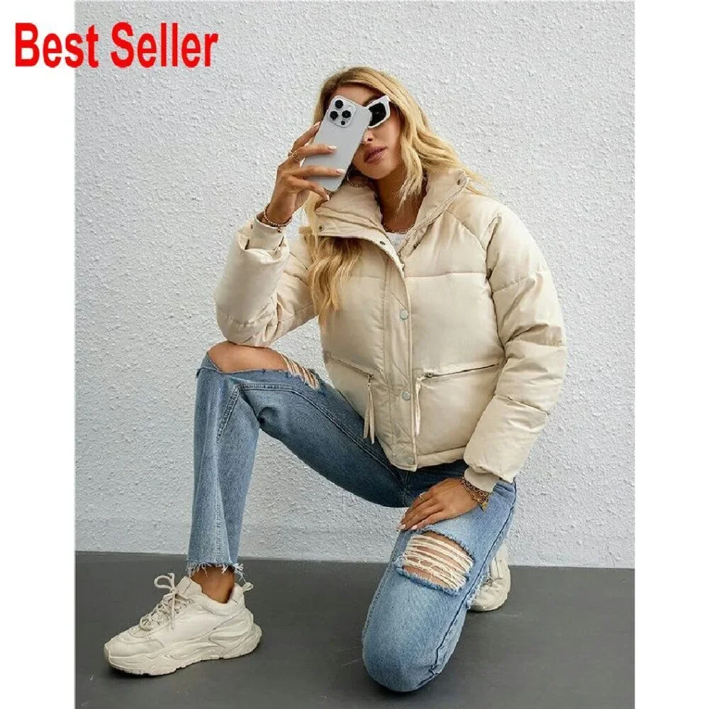 Cropped Puffer Jacket Stand Collar Winter Warm Quilted Lightweight Cozy